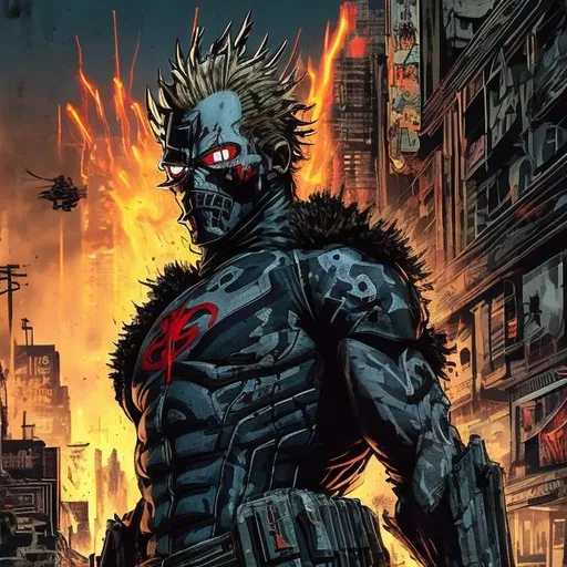 Prompt: Gritty Todd McFarlane style All Might, all black camo. Full body. Imperfect, Gritty, futuristic army-trained villain. full face mask. Bloody. Hurt. Damaged. Accurate. realistic. evil eyes. Slow exposure. Detailed. Dirty. Dark and gritty. Post-apocalyptic Neo Tokyo .Futuristic. Shadows. Sinister. Armed. Fanatic. Intense. 