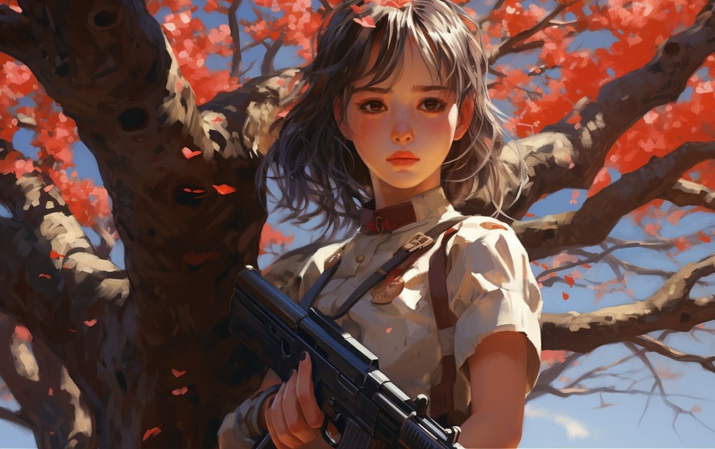 Prompt: an anime girl is holding a weapon next to a tree, in the style of 32k uhd, kanō school, vibrant worlds, realist, ghosting effect