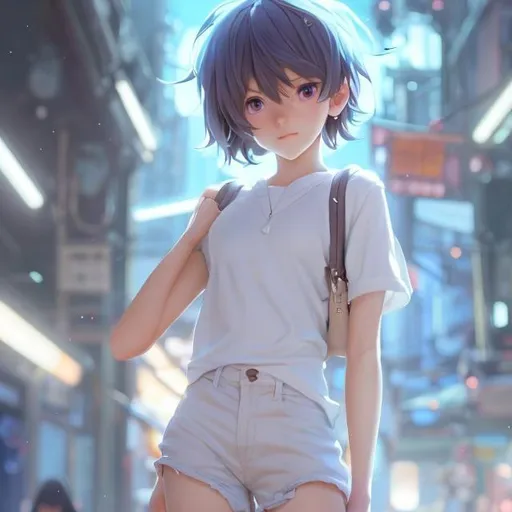 Prompt: Anime arms full body shot, a cute boy, smooth soft skin,showing entire chest, big dreamy eyes,revealing clothing,beautiful light blue colored hair, revealing clothing, wearing very short pants,symmetrical, anime wide eyes, soft lighting, detailed face, by makoto shinkai, stanley artgerm lau, wlop, rossdraws, concept art, digital painting, looking into camera
