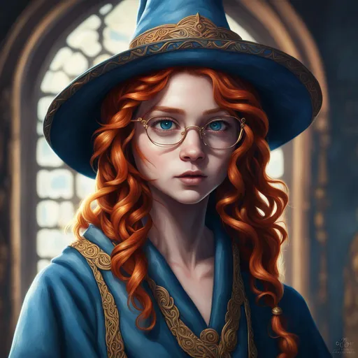 Prompt: Photorealistic artwork for sorcerer apprentice, she is young and cute, with single braided red hair, freckles, glowing round blue eyes, small nose, small mouth, freckles. She wears a large pointy sorcerer hat, loose-fitting sorcerer robe with intricate golden filigree pattern, rich blue color, large round black frame glasses. She is practicing magic in the master's laboratory. Fantastic style background, vivid magical cinematic lighting, watercolor work, detailed brush stroke.