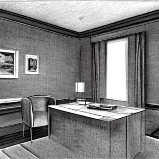 Prompt: pencil drawing of 1950s executive office  with no people