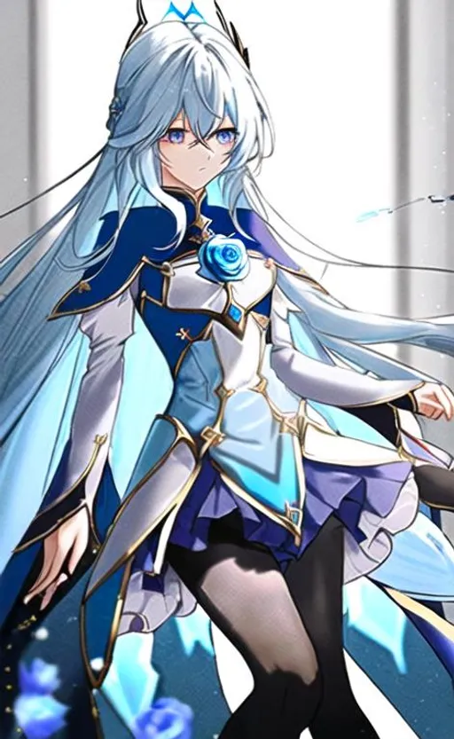 Prompt: light blue hair, long hair, blue rose, gold eyes, black tights, light blue blouse, blue plume, flowing cape, Genshin Impact, Eula Lawrence