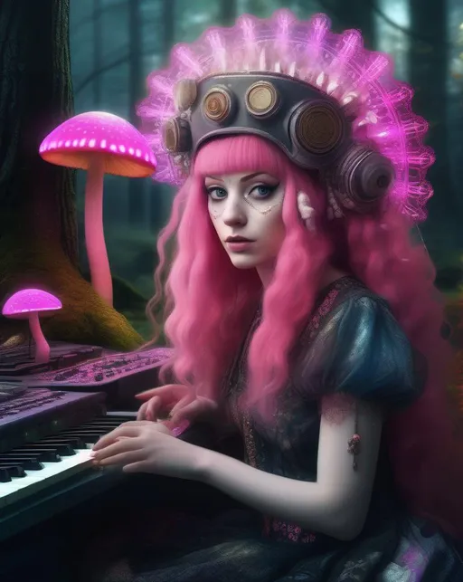 Prompt: A fantasy portrait of a girl with pale skin and vivid pink hair adorned with an ornate lace headdress against a dark magical forest backdrop, illuminated by glowing mushrooms and fireflies, wearing a dress of antique fabrics with a keyboard synthesizer built into the voluminous skirt, visualized in an imaginative dream punk aesthetic using lush painterly digital editing