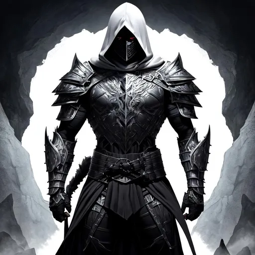 Prompt: portrait of a (Muscular male Astral human fighter With White Skin, white skin, has silver eyes), Wearing Black Plate armor with a Hood over head, armor has dark strands of corruption weaving throughout. Black Hood, The black armor shoulder Grieves have Shadow wolfs screaming out of them on the shoulder. Dead Plain Background with details like shadow, smoke and black Grass. D&D Setting, perfect composition, hyperrealistic, super detailed, 8k, high quality, trending art, trending on artstation, sharp focus, studio photo, intricate details, highly detailed, by greg rutkowski and alphonse mucha holding a white sword 
