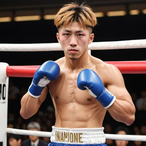 Prompt: Imagine a Japanese sportsmen resembling Naoya Inoue with golden and brownish hair, with an incredibly muscular physique. He's wearing American football gear in a boxing ring.