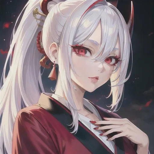 Prompt: (masterpiece, illustration, best quality:1.2), ponytail, white hair, devilish red eyes, Japanese style nightgown, best quality face, best quality, best quality skin, best quality eyes, best quality lips, ultra-detailed eyes, ultra-detailed hair, ultra-detailed, illustration, colorful, soft glow, 1 girl