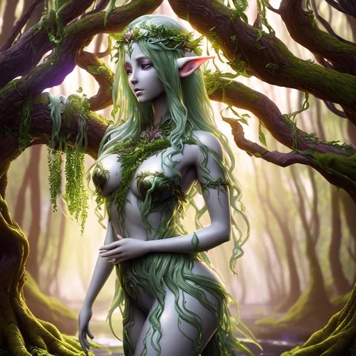Prompt: 3D HD dramatic cinematic lighting [({one}{(Beautiful benevolent {goddess}elf liquid tree}Nymph, expansive magical forest background, hyper realistic, 8K --s98500