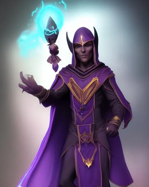 Prompt: Dorky dark elf with dark, obsidian colored skin dressed in purple robes, holding a pulsing purple crystal. 4K resolution, Realistic, Award winning in Artstation. 