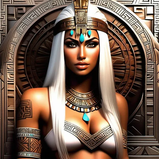 Prompt: 1) young Aztec goddess, busty, long white hair.
2) Exotic beauty with a perfect face and visible muscle definition and scars and tattoos
3) Long legs with visible toes
4) Elvin features
5) Prefect face