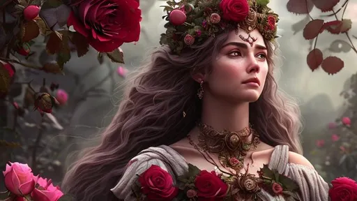 Prompt: beautiful goddess of the rose harvest hyper realistic extremely detailed dark cinematic UHD