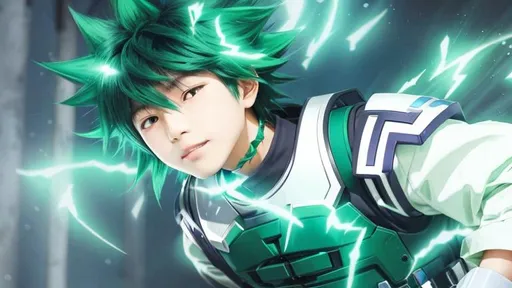 Prompt: A japanese boy, green spiky hair, green eyes, wear a green jumpsuit with white sleeves, metal plates on the shoulders and a mask hanging from the neck