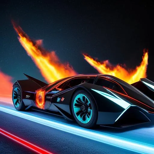 Prompt: Futuristic hyper Batmobile on fire burst and ice sharp cosmic speed burning flames 