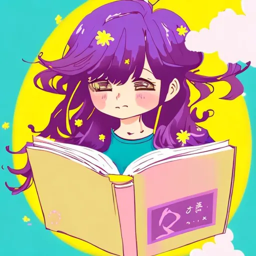 Prompt: an anime illustration of a beautiful and adorable girl with pink and purple hair reading a yellow and pink book 