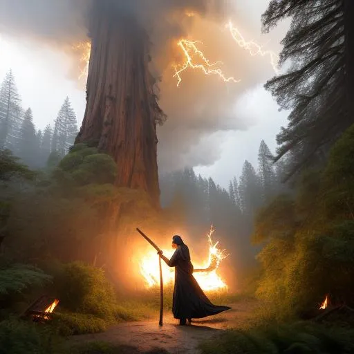 Prompt: landscape: old redwood Forest, style: Robert S. Duncanson painting, subject: beautiful sorceress wearing long billowing dark robes; she's holding a wooden staff, casting a spell near a campfire, it's golden hour and a heavy mist shrouds her, wildflowers along path, a massive storm cell rages overhead, Full shot, lightning, octane render, trending on artstation, deviantart.