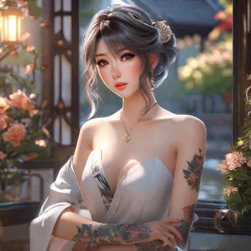 Prompt: anime girl with a tattoo on her arm posing for a picture, masayoshi suto and artgerm, trending on artstation, artificial intelligence princess, detailed natural lighting, by Lü Ji, featured in art magazine, exaggerated perspective, 3d unreal 5, korean mmo, inspired by Luo Zhichuan