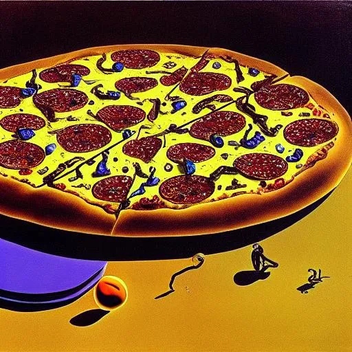 Prompt: Salvador Dali's Painting of the Death by Comet Ping Pong Pizza, child torture, satanic ritual, Jeffrey Epstein, triadic colors backlit
