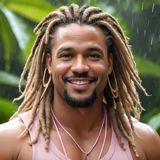 Prompt: full body pic of a very handsome, middle-aged Afro-Latino hunky hairy chubby man with longer sandy brown curled dreadlocks, light eyes, thick pink lips, "hyperreal detailed face", calm smile, attractive pink lips, rain forest, travel shot, soaked, detailed facial features, detailed locs, hyperreal, perfect composition, hyperrealistic, super detailed, 8k, high quality, sharp focus, studio photo, photography, natural light, intricate details, highly detailed, hyperrealistic, very long hair locs, soaked