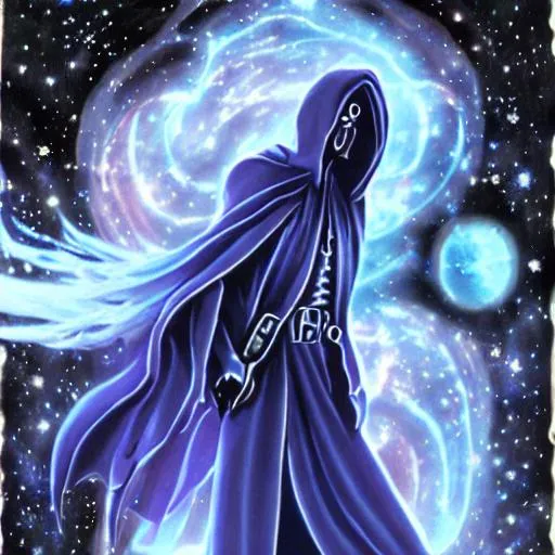 Prompt: Atmospheric blue astral grim reaper death galaxy 