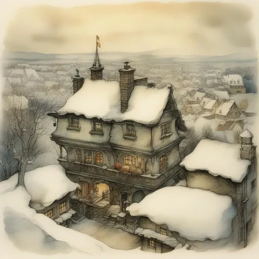 Prompt: Pen and watercolor, Anton Pieck Winter scene. Artist on the roof, aerial view, style 0f Arthur Rackham, Bold watercolors. Ink wash, elegant illustration, naïve, primitive, 