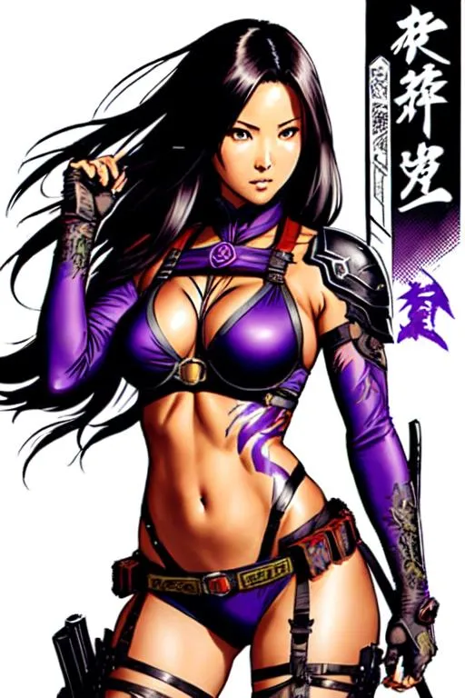 Prompt: Ninja Gaiden Art (((Yoji Shinkawa))), sticker of ultra detailed portrait of Olivia Munn in detailed purple heavy samurai armor, high quality cell shaded illustration in post apocalyptic style by Yoji Shinkawa, ((full body)), dynamic pose, perfect anatomy, centered, freedom, soul, black long hair,tan skin approach to perfection, cell shading, 4k , cinematic dramatic atmosphere, watercolor painting, global illumination, detailed and intricate environment, artstation, concept art, fluid and sharp focus, volumetric lighting, cinematic lighting, Art by Ilya Kuvshinov
