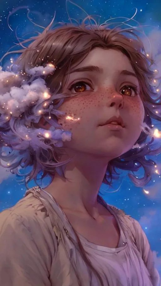 Prompt: A cute girl with hair made of white clouds lighting by shooting stars, and freckles made of stars art by Jean Baptiste monge, gediminas pranckevicius, Atey Ghailan, Greg Rutkowski, Gilles Esnault, WLOP, by artgerm, art by Laura Hollingsworth, Andrew Atroshenko, 4k, pretty visuals, aesthetic, artstation, unreal engine, shadow effect, insanely detailed and intricate, highly detailed, sparkles, iridescent effect to the white clouds.