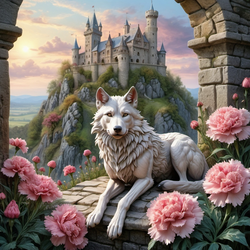 what flower are you In the background of the scene a medieval wolf lies on the ruins of a castle 