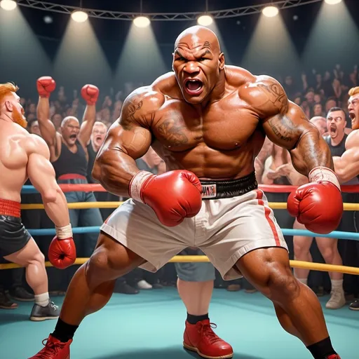 Prompt: A little person, Mike Tyson vs Jake Paul red hair full beard, punches in face, aggressive,  in a boxing ring, an excited audience in the background, stage performance, glistening muscles, detailed facial features, vibrant colors, photo realistic, Looney Toons style, audience, theatrical lighting, high quality, detailed muscles, stage setting, professional, animated shading, cartoon realism, detailed expression, muscle definition