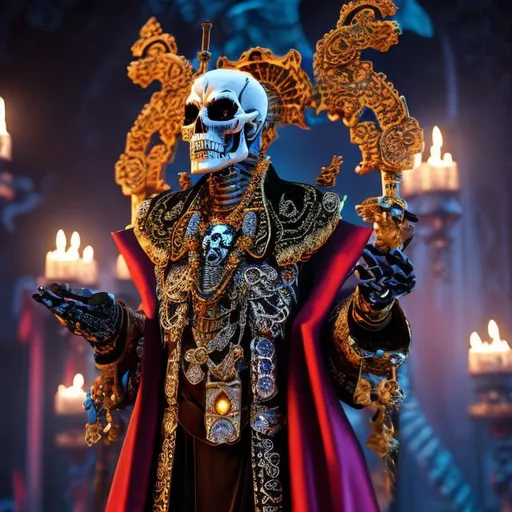 Prompt: Masterwork, octane render. skeleton, Undead Lord, Necromancer. Wearing Mirage Vest, {dapper}, Wearing a Festival Robe {dias de los Muertos, fur coat}, wearing a gold necklace with ruby jewel, holding a staff with a diamond mounted on top.