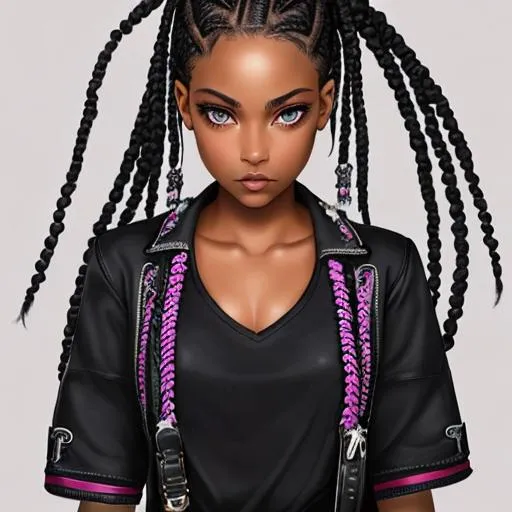Prompt: punk, insanely beautiful 16 year old girl. beautiful box braids.  wearing a black top and black jeans. perfect grey eyes. perfect anatomy. symmetrically perfect face. hyper realistic. soft colours. no extra limbs or hands or fingers or legs or arms. full body view. dark skin.