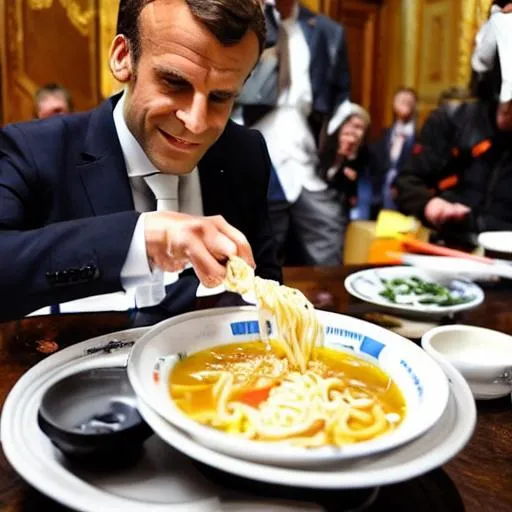Prompt: Emmanuel Macron eating ramen