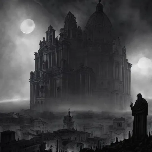 Prompt: it's Rome but in a Lovecraft story. Seen by the sky.
Black Myst envelope the city and the light project the shadow of undefinied creatures on the fog.
Evil is in town.
Look like a Lee Bermejo style and colored by Marvel artist but it is a movie