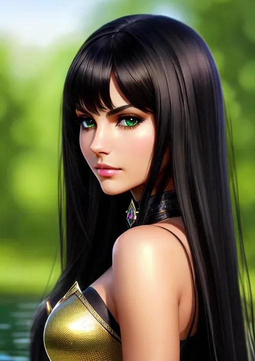 Prompt: victoria justice, black long hair, green eyes, dark skin, armor, castle, calm face, standing, best quality, realistic, masterpiece, an extremely delicate and beautiful, CG, extremely detailed , highres, extremely detailed, beautiful detailed girl, realistic, beautiful detailed green eyes, light on face, cinematic lighting