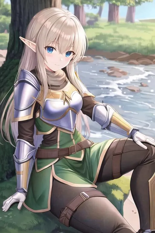 Prompt: Cute Wood Elf wearing armor sitting near the river edge