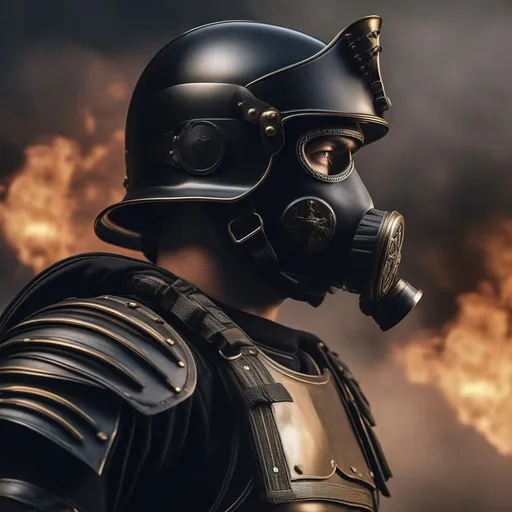 Prompt: A modern roman military male in black military armor galea helmet of roman armor, with a gunfire and gas mask, background Lodon in war, Hyperrealistic, sharp focus, Professional, UHD, HDR, 8K, Render, electronic, dramatic, vivid, pressure, stress, nervous vibe, loud, tension, traumatic, dark, cataclysmic, violent, fighting, Epic