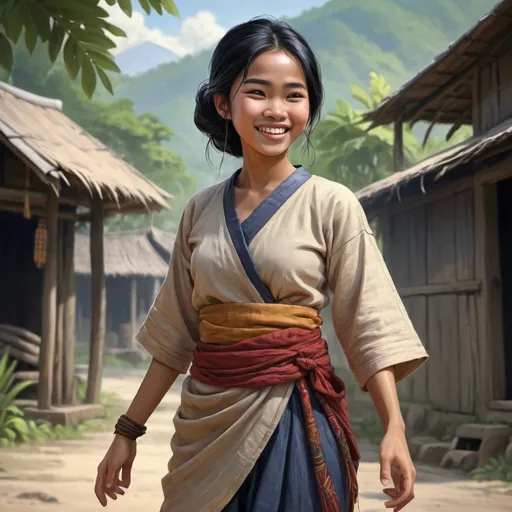 Prompt: Full body, Fantasy illustration of a female malayan village girl, 17 years old, joyful expression, traditional garment, black hair, high quality, rpg-fantasy, detailed, malayan village background