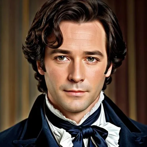 Prompt: Mr. Darcy, a handsome man with dark hair aged 30 years, stylish 18th century clothing, facial closeup