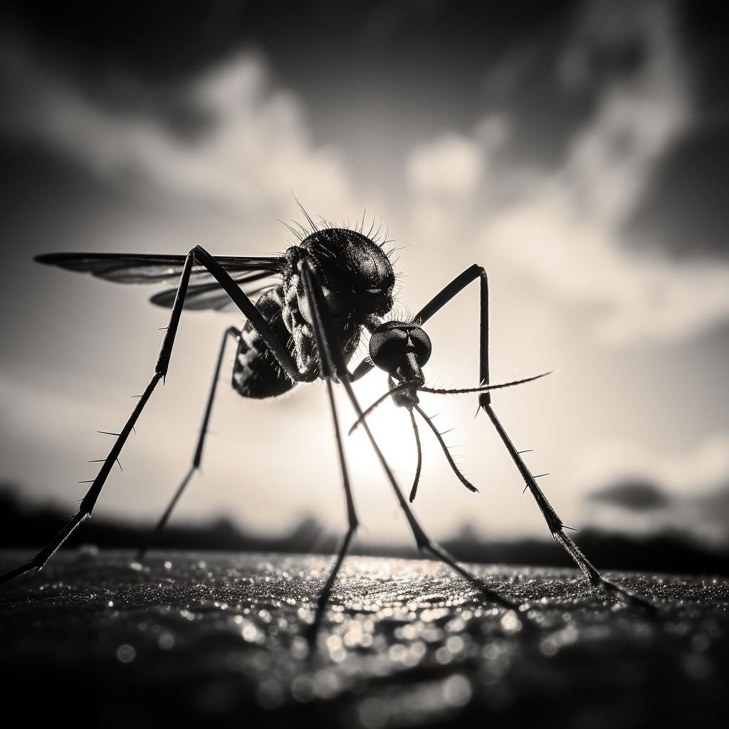 Prompt: black and white macro photo of a mosquito in the sunset