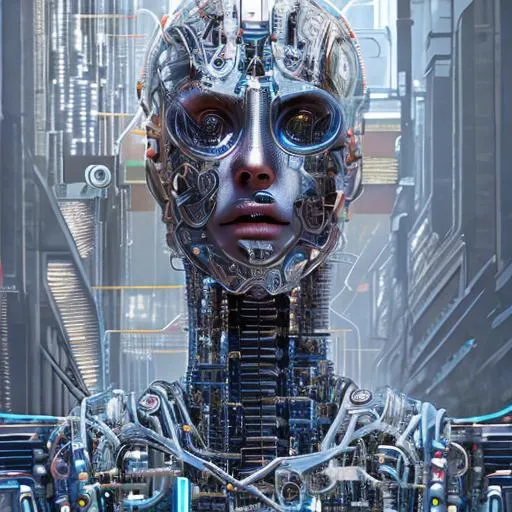 Prompt: full body cyborg| full-length portrait| detailed face| symmetric| steampunk| cyberpunk| cyborg| intricate detailed| to scale| hyperrealistic| cinematic lighting| digital art| concept art| mdjrny-v4 style