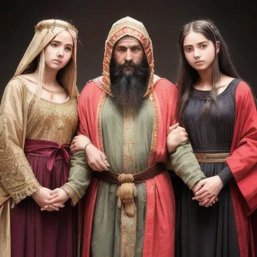 Prompt: Create an image portraying A man dressed in 1500 b.c. robe holding the hands of His two 18 years old daughters, all running and fleeing from the doomed cities on fire, with a sense of urgency and desperation on their faces, conveying the imminent danger they faced. His wife dressed in 1500 b.c. royal gown also running behind them.