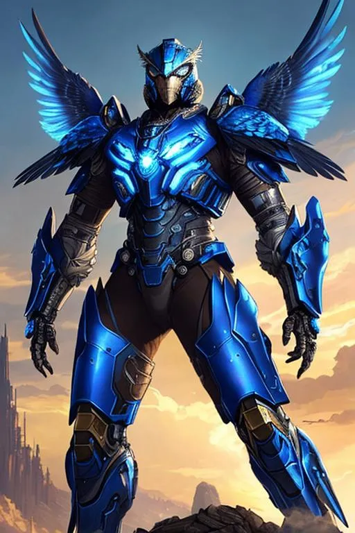 Prompt: Poster art, high-quality high-detail highly-detailed breathtaking hero ((by Aleksi Briclot and Stanley Artgerm Lau)) - ((a falcon )), Male , futuristic blue and black mech armor ,detailed Falcon head, falcon helmet, full body, 2 power arms, wearing detailed mech armour, 8k, bird military armour,  full form , The lord of all birds, mountain world setting, has highly detailed white and black futuristic military mech armour, detailed carbon fibre black and yellow amour, wearing carbon black and yellow military mech armor, highly detailed mech armor, full form, epic, 8k HD, ice, sharp focus, ultra realistic clarity. Hyper realistic, Detailed face, portrait, realistic, close to perfection, more black in the armour, 
wearing blue and black cape, wearing carbon black cloak with yellow, full body, high quality cell shaded illustration, ((full body)), dynamic pose, perfect anatomy, centered, freedom, soul, Black short hair, approach to perfection, cell shading, 8k , cinematic dramatic atmosphere, watercolor painting, global illumination, detailed and intricate environment, artstation, concept art, fluid and sharp focus, volumetric lighting, cinematic lighting, 
