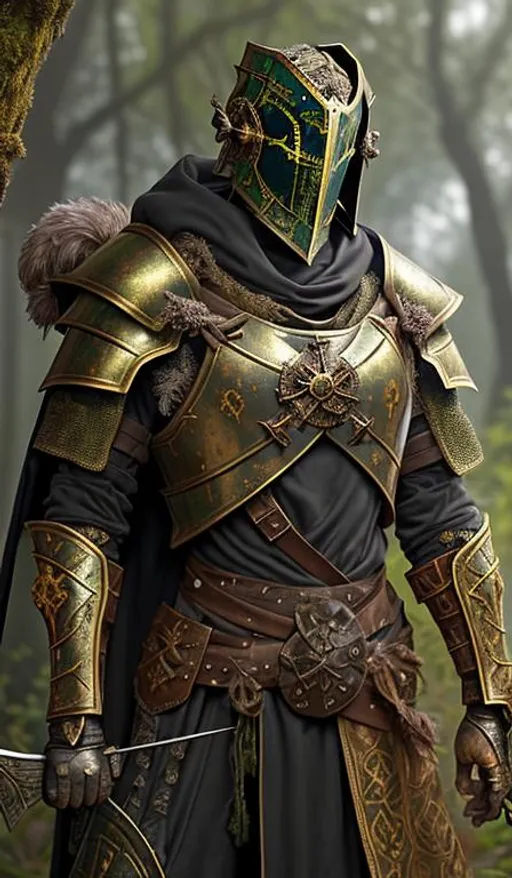 Prompt: runes and script gilded on the armor, nature, rusted, ancient, moss and dust covered, crucible knight concept, clad in tree bark ornamented armor, Wyrwood, runes gild the armor, a hand crossbow at the hip, scythe on the back, guardian to the sun, emblem of the sun, inquisitor for the solar church