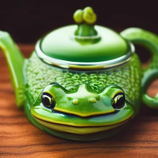 Prompt: frog-teapot, green teapot shaped like frog, glazed ceramic, tilt shift, very beautiful, global illumination, intricate linework, short spout, 8k, food photography, octane rende