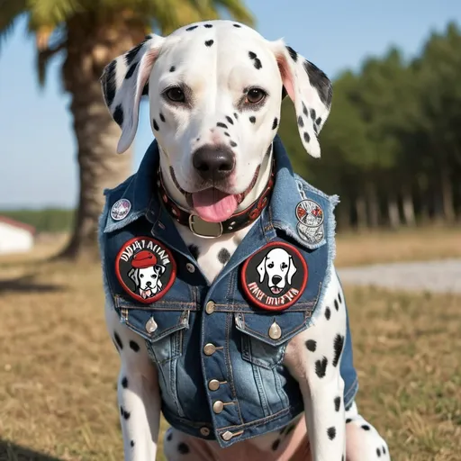 Prompt: dalmatian wearing a heavy metal music denim vest with patches