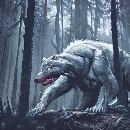 Prompt: Large werewolf with massive fangs in a dark forest standing over a freshly killed monster 