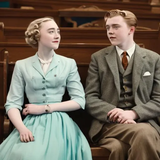 Prompt: Saoirse Ronan and Jack Lowden as a 1950s era couple attending a Sunday Church service.