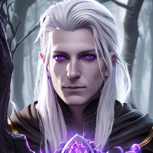 Prompt: Wizard, Silver hair, clean shaven, purple eyes, necromancer, 8k, Unreal Engine 5, dark forest, gloomy, holding dark magic