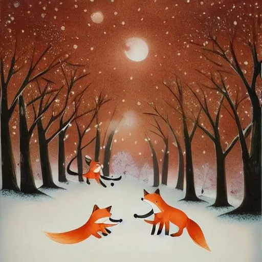 Prompt: child book illustation style. lot of baby fox playing together in the forset. automn . snow
orange. 
