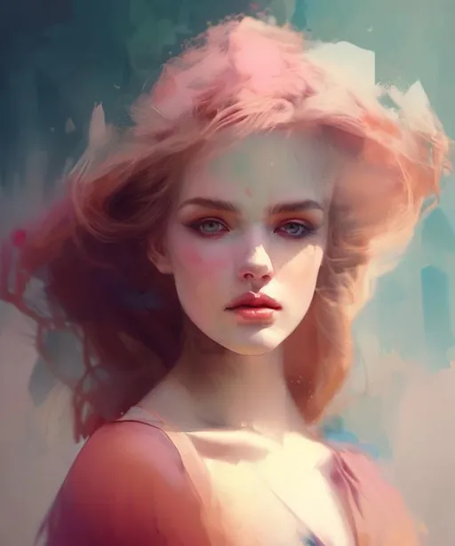 Prompt:  A lovely woman with beautiful eyes, ice blonde hair, rose lips, aloof look, portrait, pastel Layered color patina, contouring lines, moody, somber, realistic in the style of Jeremy Mann, Paul Klee, Yoji Shinkawa, Arthur Rackham. Hat double exposure mist morning, sunbeam reflection,  morning lighting smooth, Polished finish, iridescent watercolor and ink. intricate beautiful award winning ultra detailed 4K 3