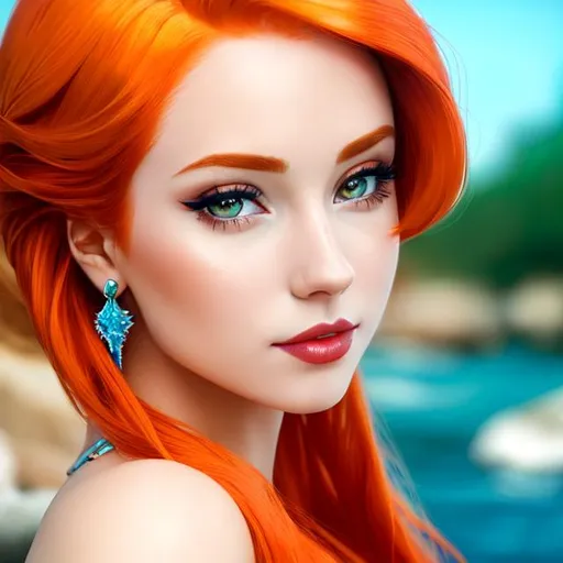 Prompt: a beautiful mermaid with pale skin and orange hair  and lips, Ariel , 4k,  facial closeup



