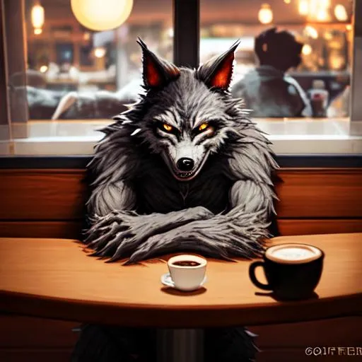 Prompt: werewolf in a coffee shop